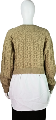 Women's Button-Front Cable Knit Cropped Cardigan with Layered Shirt Design