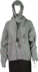 Women's Knitted Hoodie Sweater with Attached Scarf and Pom-Poms