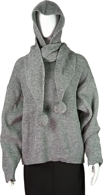 Women's Knitted Hoodie Sweater with Attached Scarf and Pom-Poms