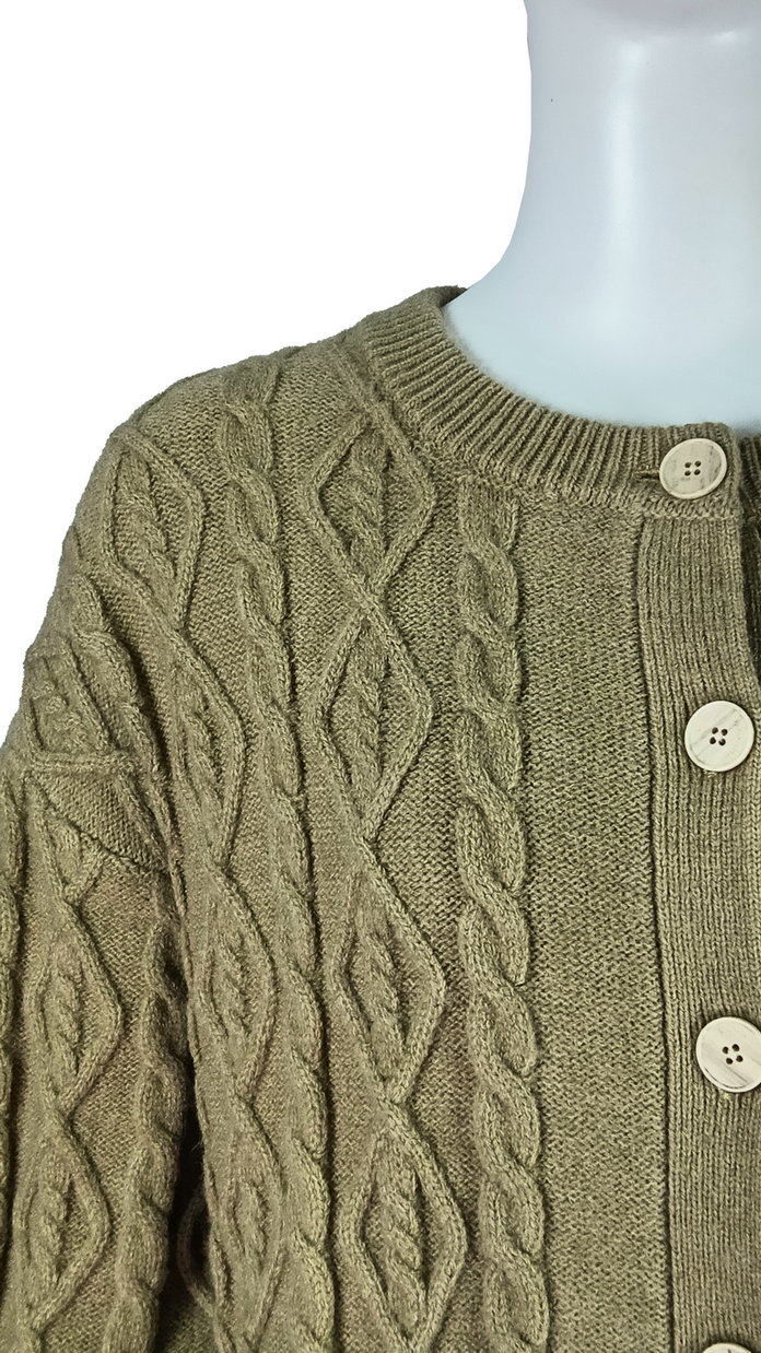 Women's Button-Front Cable Knit Cropped Cardigan with Layered Shirt Design