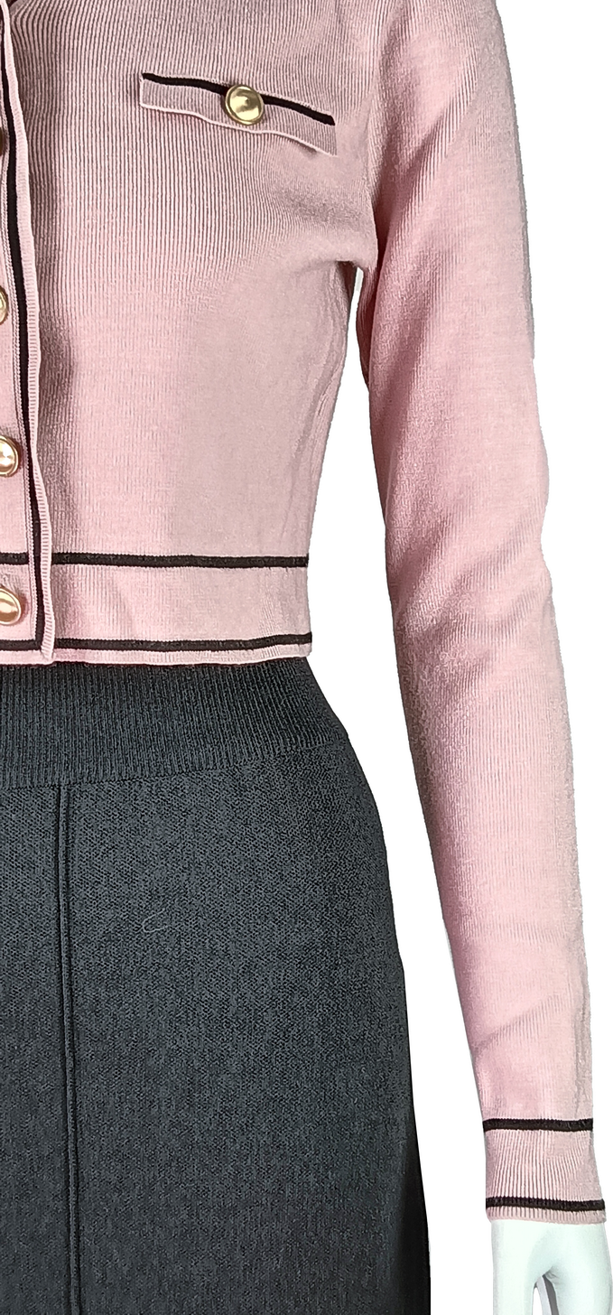 Women's Pink V-Neck Cropped Cardigan with Gold Button Detailing