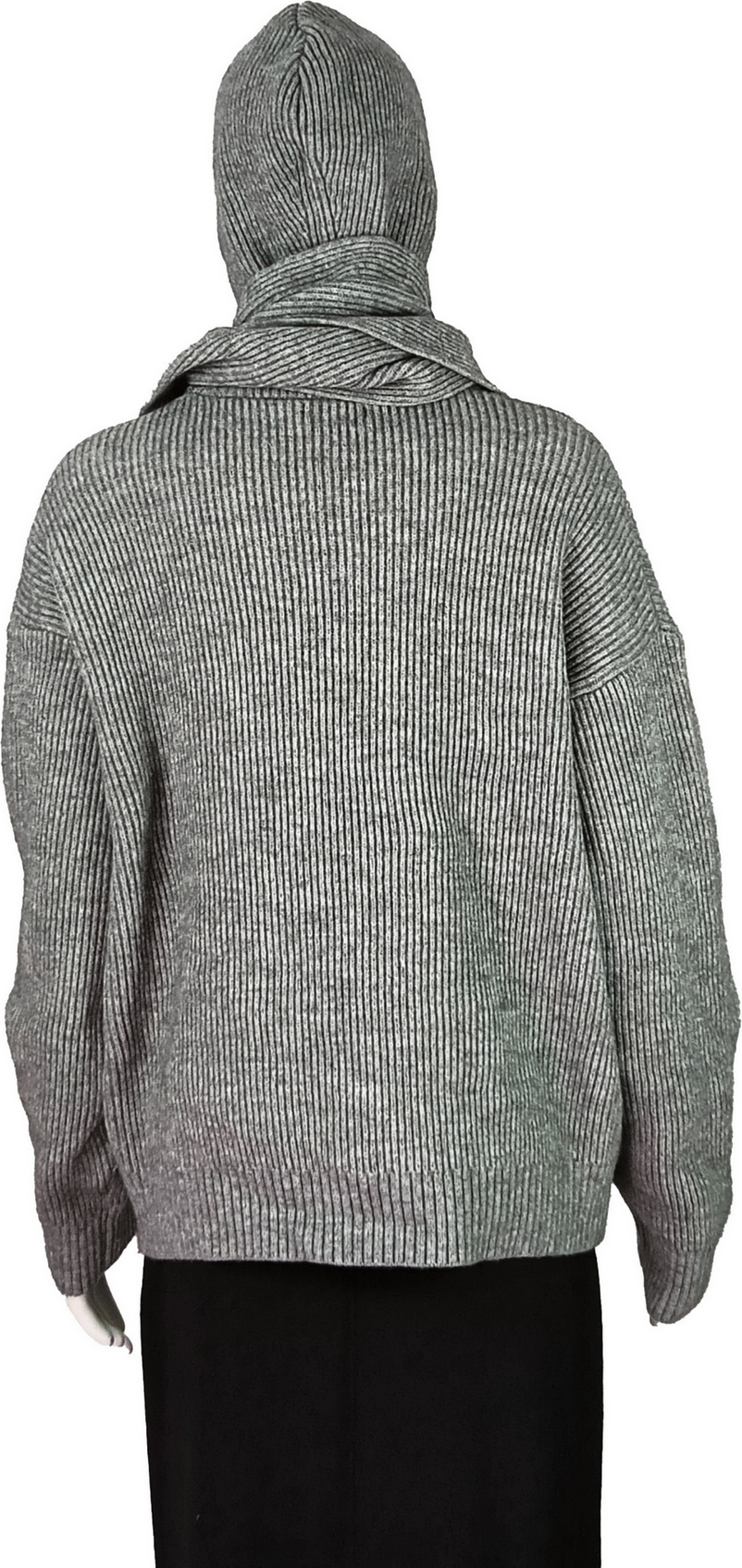 Women's Knitted Hoodie Sweater with Attached Scarf and Pom-Poms