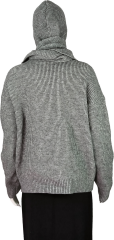 Women's Knitted Hoodie Sweater with Attached Scarf and Pom-Poms