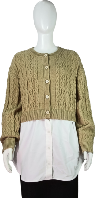 Women's Button-Front Cable Knit Cropped Cardigan with Layered Shirt Design