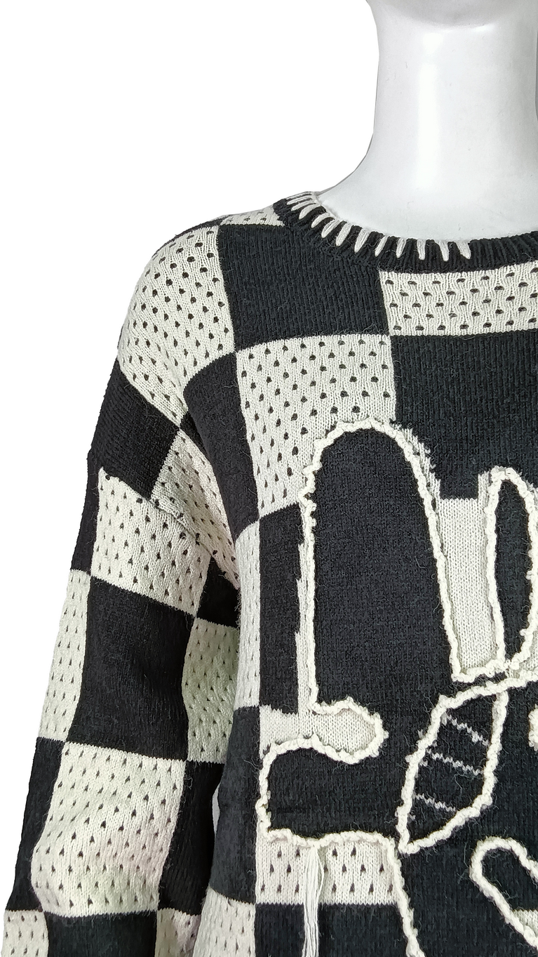 Black and White Abstract Motif Oversized Checkered Knit Sweater