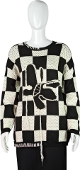 Black and White Abstract Motif Oversized Checkered Knit Sweater