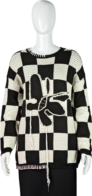 Black and White Abstract Motif Oversized Checkered Knit Sweater