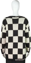 Black and White Abstract Motif Oversized Checkered Knit Sweater
