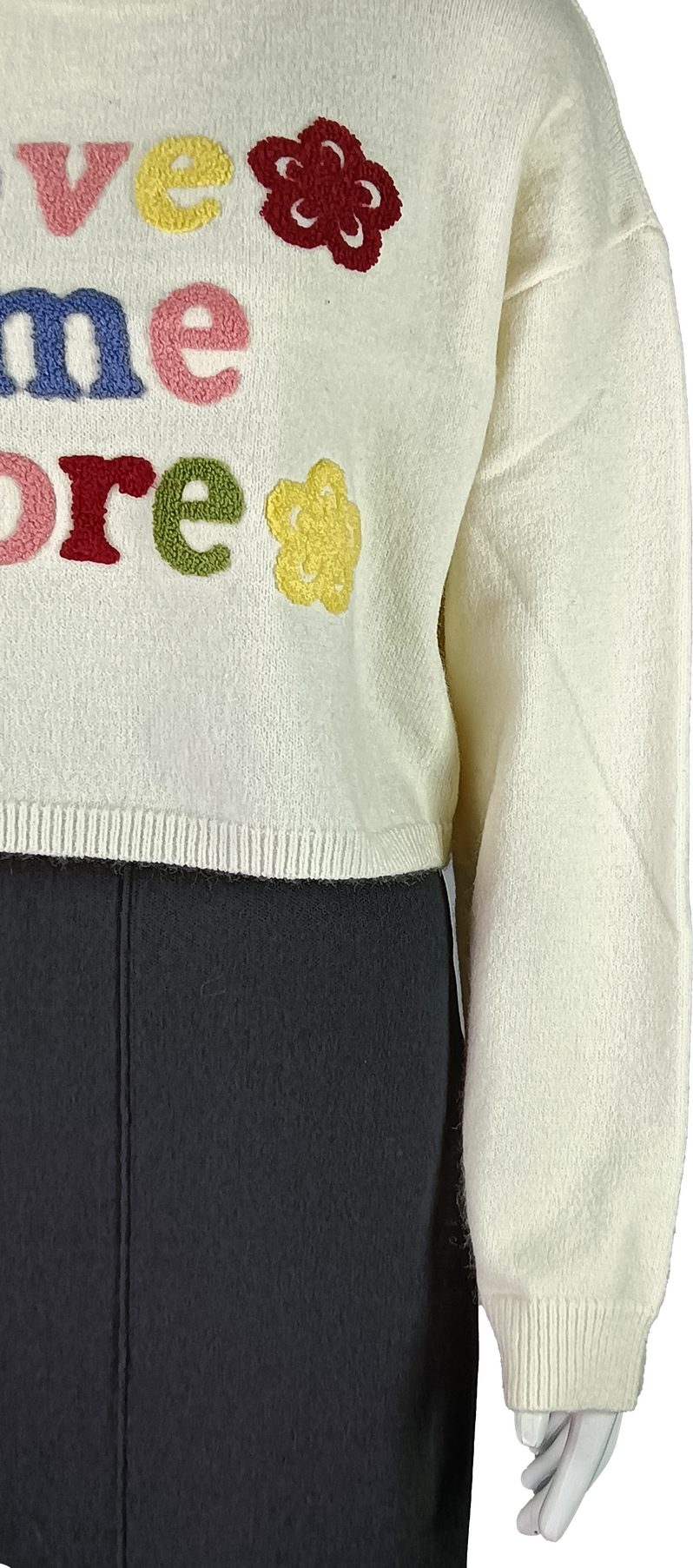 Colorful "Love Me More" Embroidery Cropped Cream Sweater