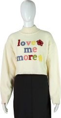 Colorful "Love Me More" Embroidery Cropped Cream Sweater