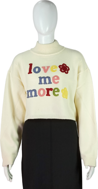 Colorful "Love Me More" Embroidery Cropped Cream Sweater