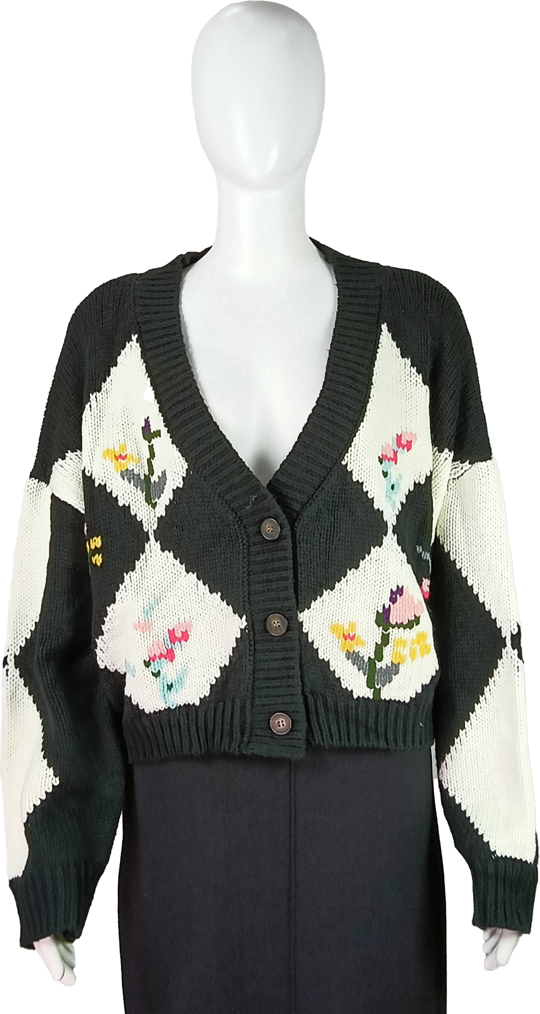 Women's Vintage Diamond Pattern Floral Knit Cardigan