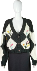Women's Vintage Diamond Pattern Floral Knit Cardigan