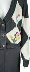 Women's Vintage Diamond Pattern Floral Knit Cardigan