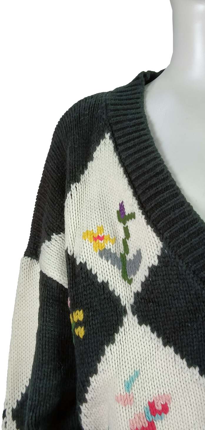Women's Vintage Diamond Pattern Floral Knit Cardigan