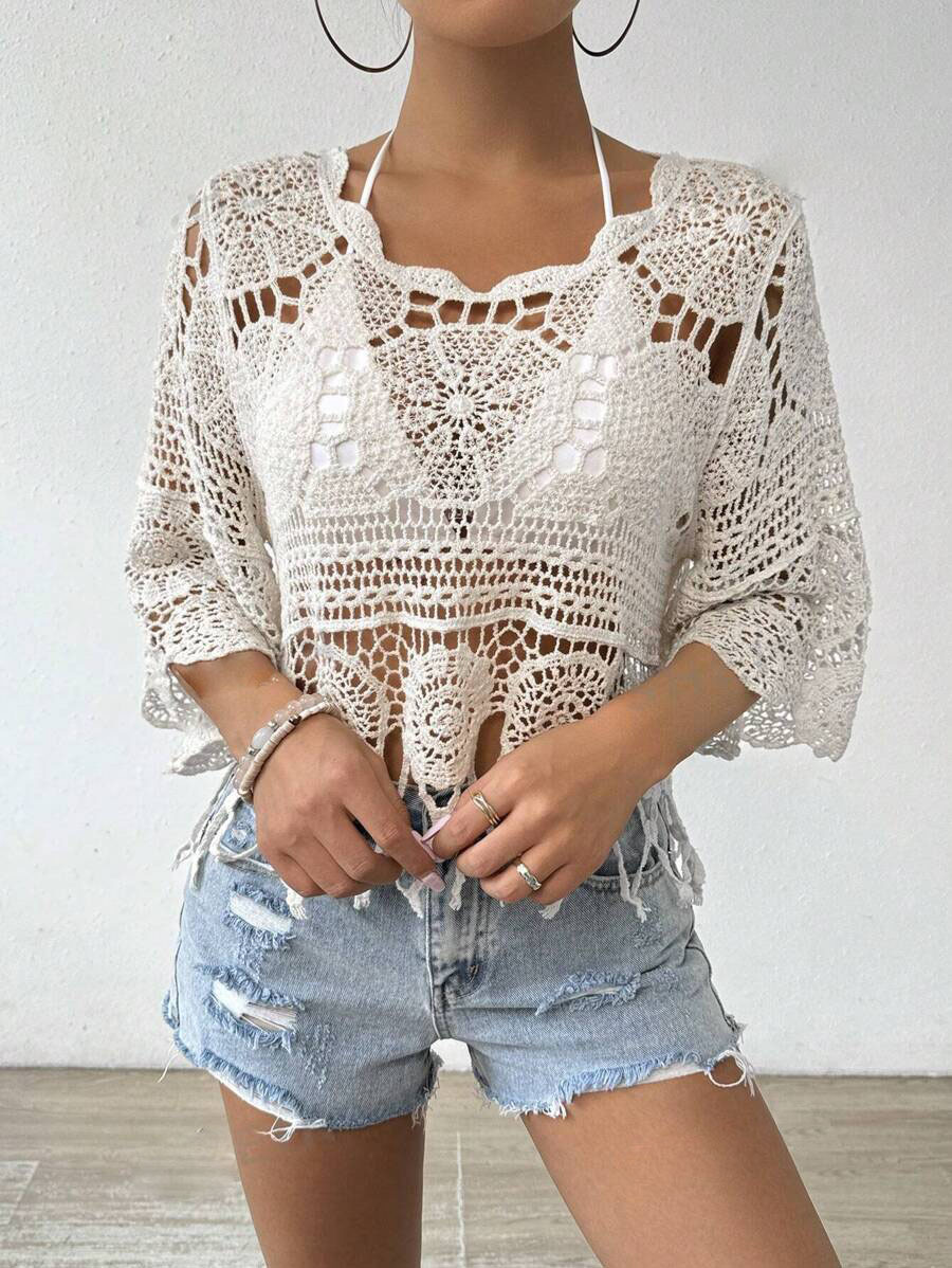 Hand-Crocheted Fringe Hem Boho Crop Top