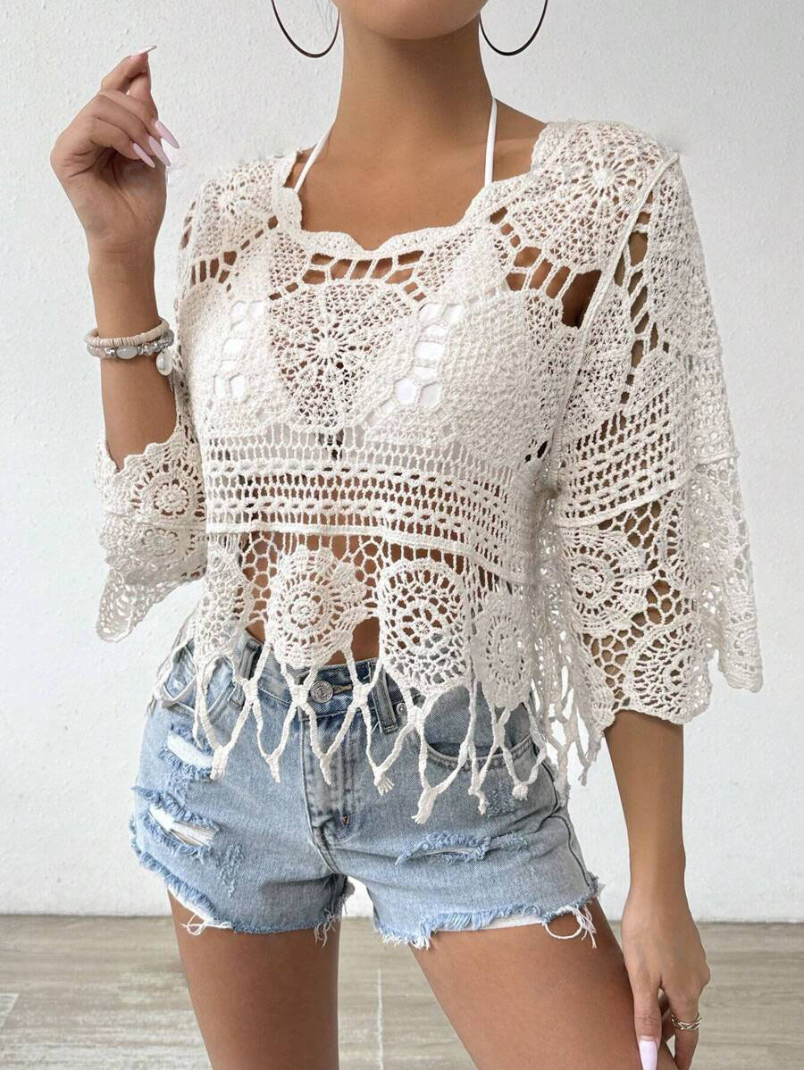 Hand-Crocheted Fringe Hem Boho Crop Top