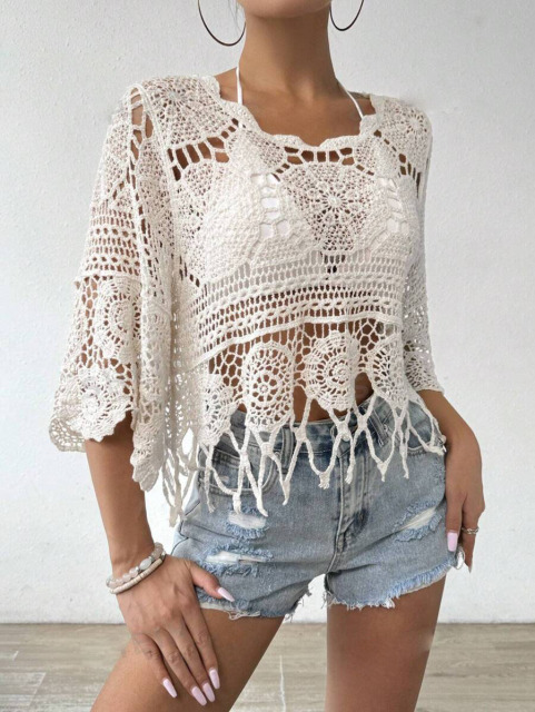 Hand-Crocheted Fringe Hem Boho Crop Top