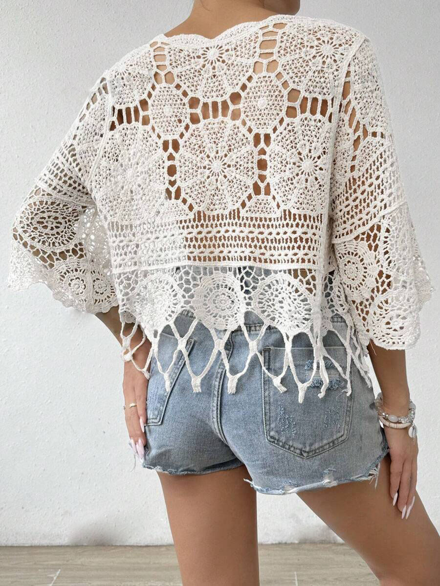 Hand-Crocheted Fringe Hem Boho Crop Top