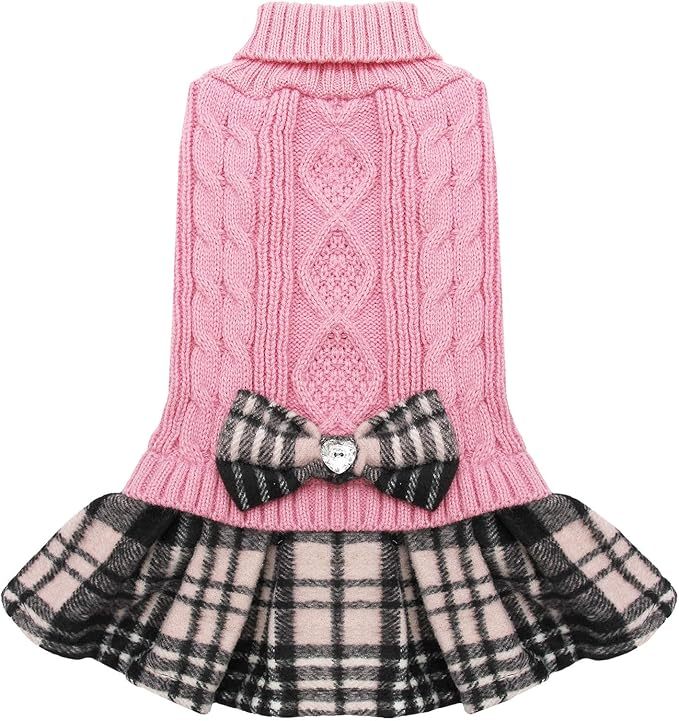 Bow & Plaid Skirt Chic Pink Knitted Dog Dress