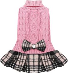 Bow & Plaid Skirt Chic Pink Knitted Dog Dress