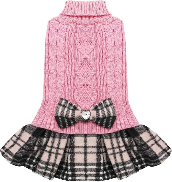 Bow & Plaid Skirt Chic Pink Knitted Dog Dress