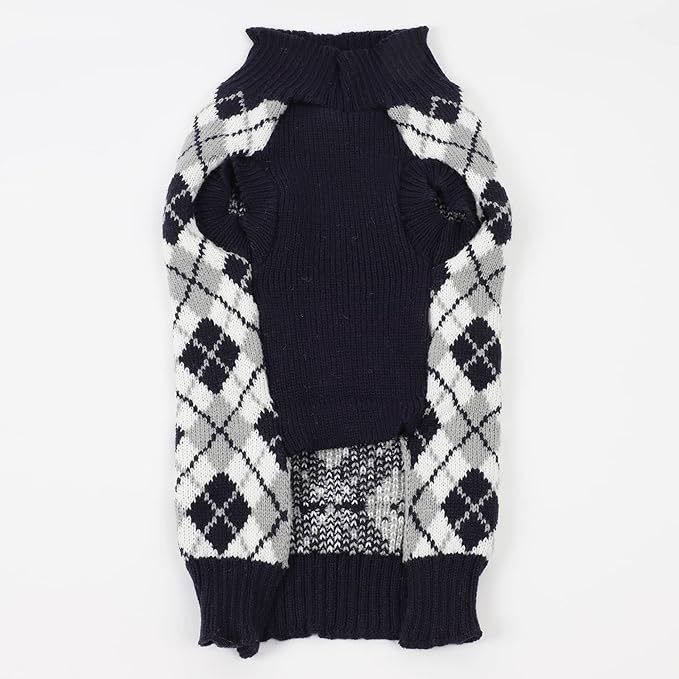 Stylish Black & White Argyle Dog Sweater with Skull Pattern