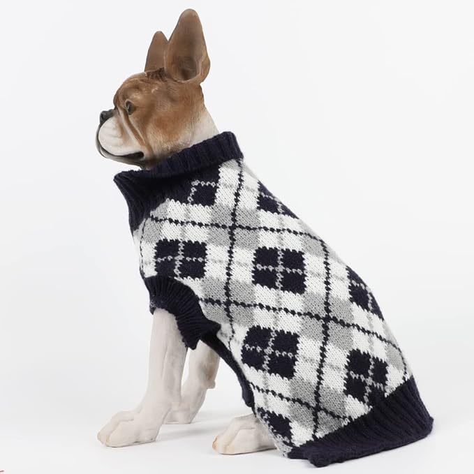Stylish Black & White Argyle Dog Sweater with Skull Pattern