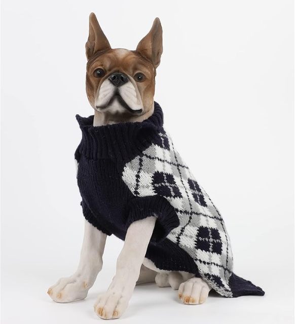 Stylish Black & White Argyle Dog Sweater with Skull Pattern