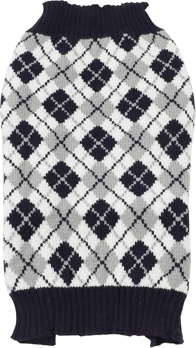 Stylish Black & White Argyle Dog Sweater with Skull Pattern