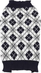 Stylish Black & White Argyle Dog Sweater with Skull Pattern