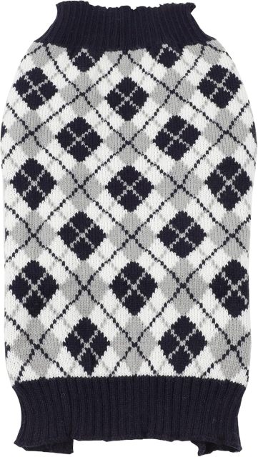 Stylish Black & White Argyle Dog Sweater with Skull Pattern