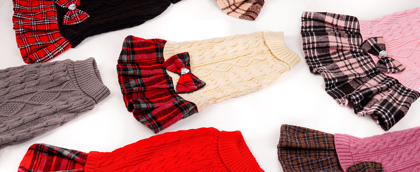 Bow & Plaid Skirt Chic Pink Knitted Dog Dress