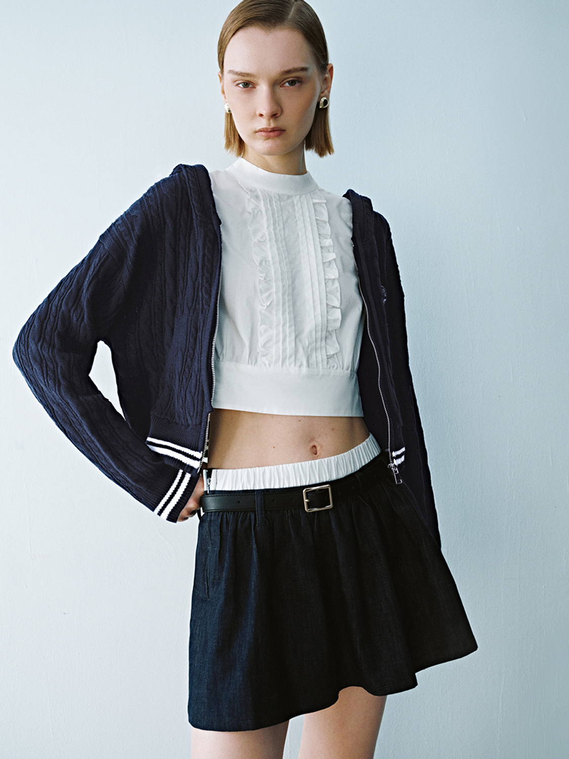 Factory Cropped Cable Knit College Style Zip-Up Hoodie
