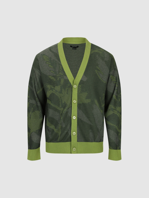 ODM Modern Olive Green Camouflage Print Cardigan with Bold Contrasting Trim