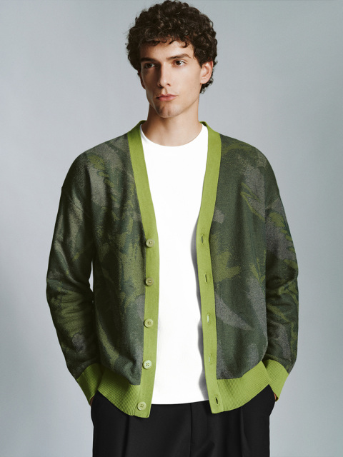 ODM Modern Olive Green Camouflage Print Cardigan with Bold Contrasting Trim
