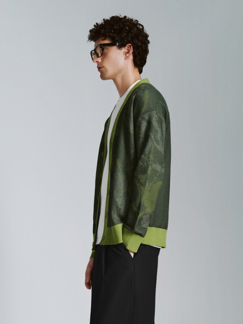 ODM Modern Olive Green Camouflage Print Cardigan with Bold Contrasting Trim