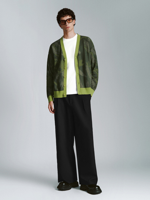 ODM Modern Olive Green Camouflage Print Cardigan with Bold Contrasting Trim
