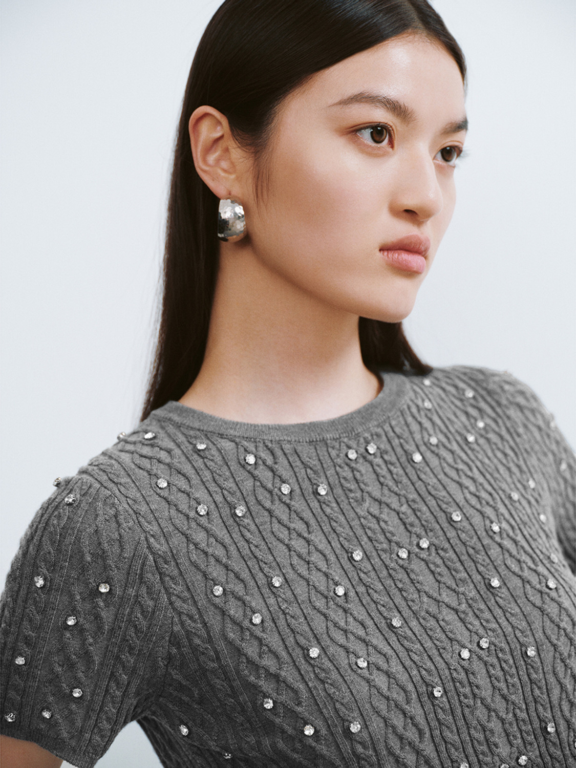 OEM Women’s Grey Ribbed Knit Sweater with Pearl Embellishments