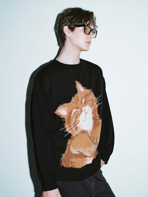 OEM Black Sweater with Playful Cat Design