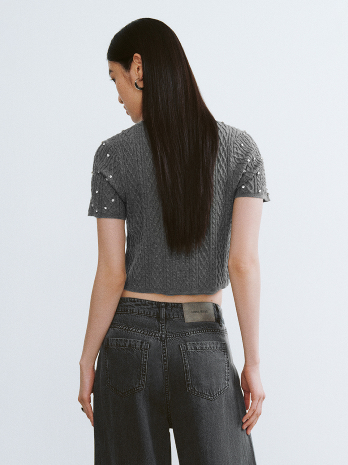 OEM Women’s Grey Ribbed Knit Sweater with Pearl Embellishments