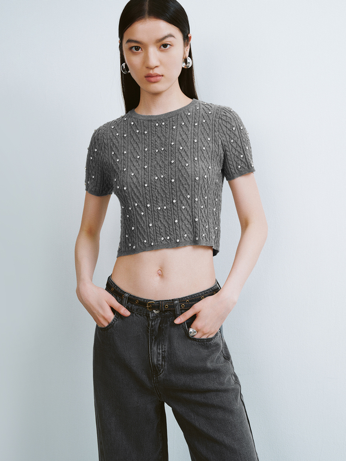 OEM Women’s Grey Ribbed Knit Sweater with Pearl Embellishments