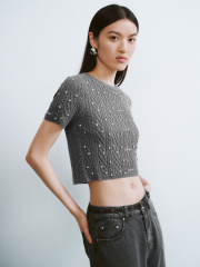 OEM Women’s Grey Ribbed Knit Sweater with Pearl Embellishments