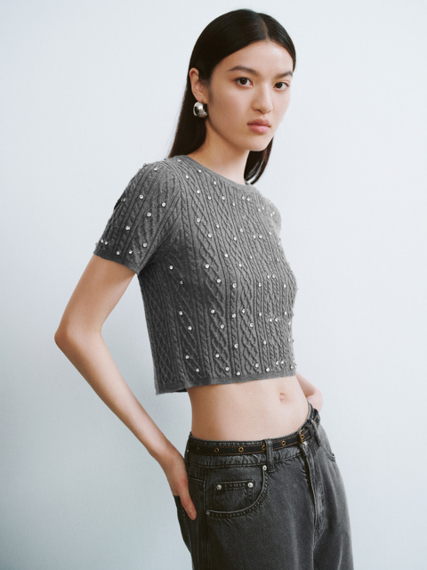 OEM Women’s Grey Ribbed Knit Sweater with Pearl Embellishments