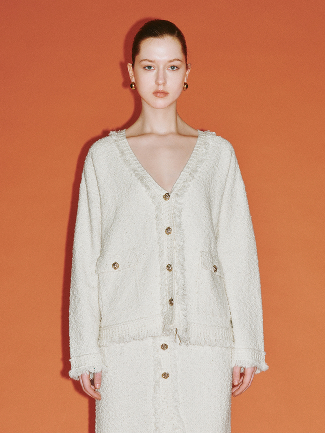 ODM Luxuriously Chanel Buttons Textured Cream Boucle Cardigan