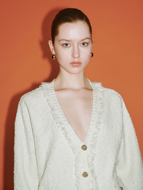 ODM Luxuriously Chanel Buttons Textured Cream Boucle Cardigan