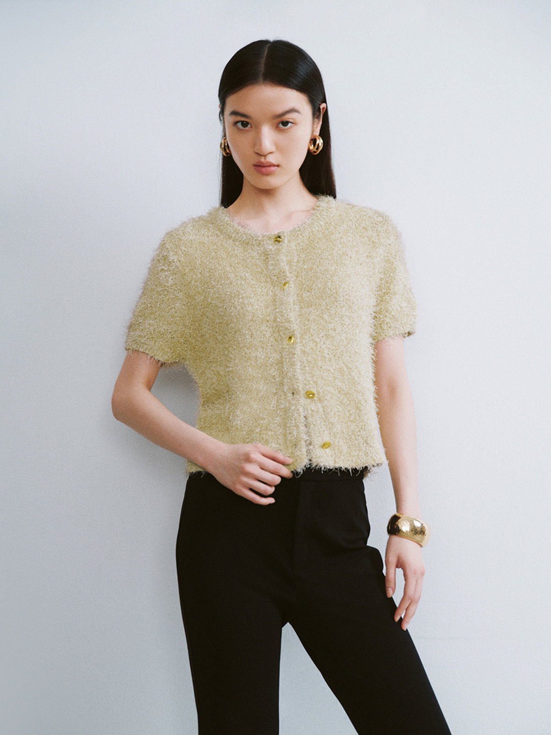 ODM French style crew neck Soft Textured Button-Up Cardigan