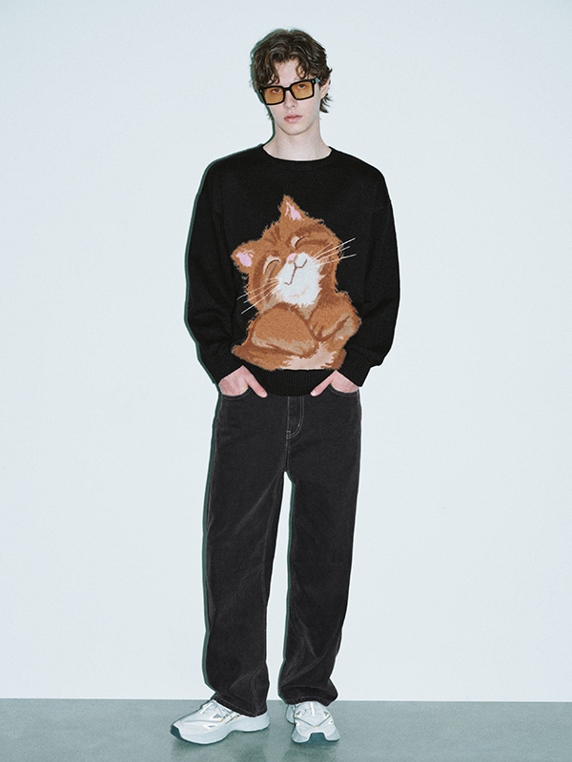 OEM Black Sweater with Playful Cat Design