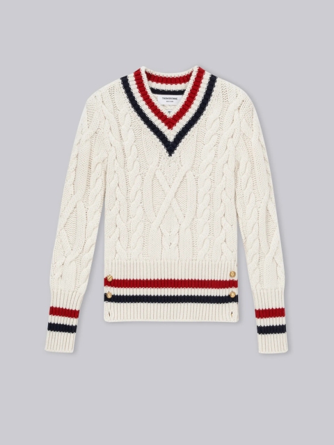 ODM TB Classic Cable-Knit V-Neck Sweater with Signature Stripes
