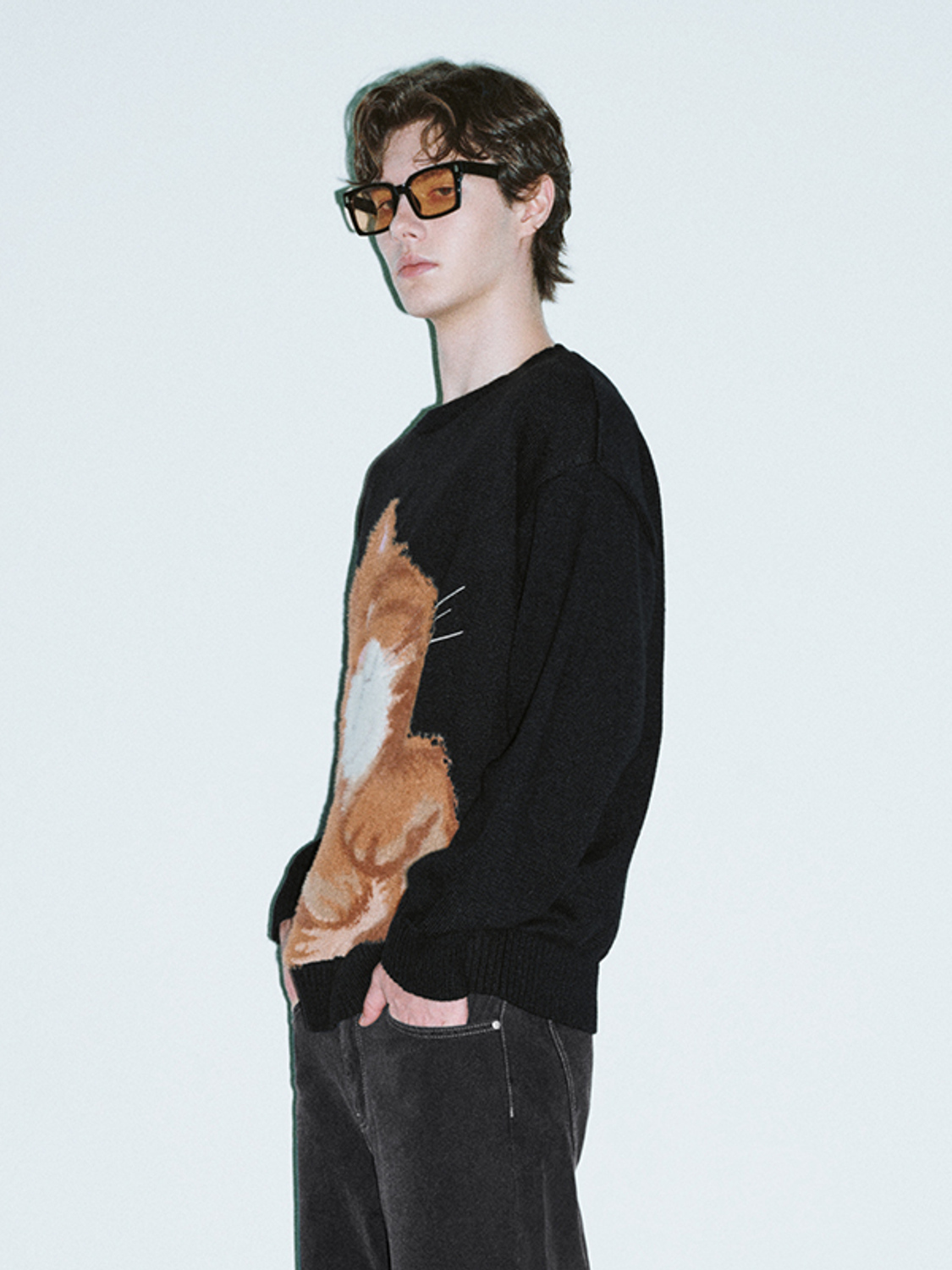 OEM Black Sweater with Playful Cat Design